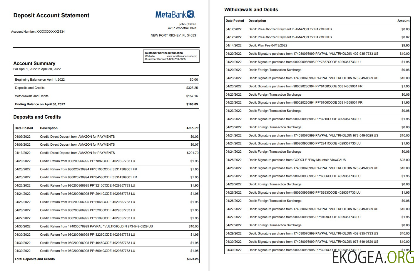 Relevé de compte de dépôt USA Metabank 3 pages